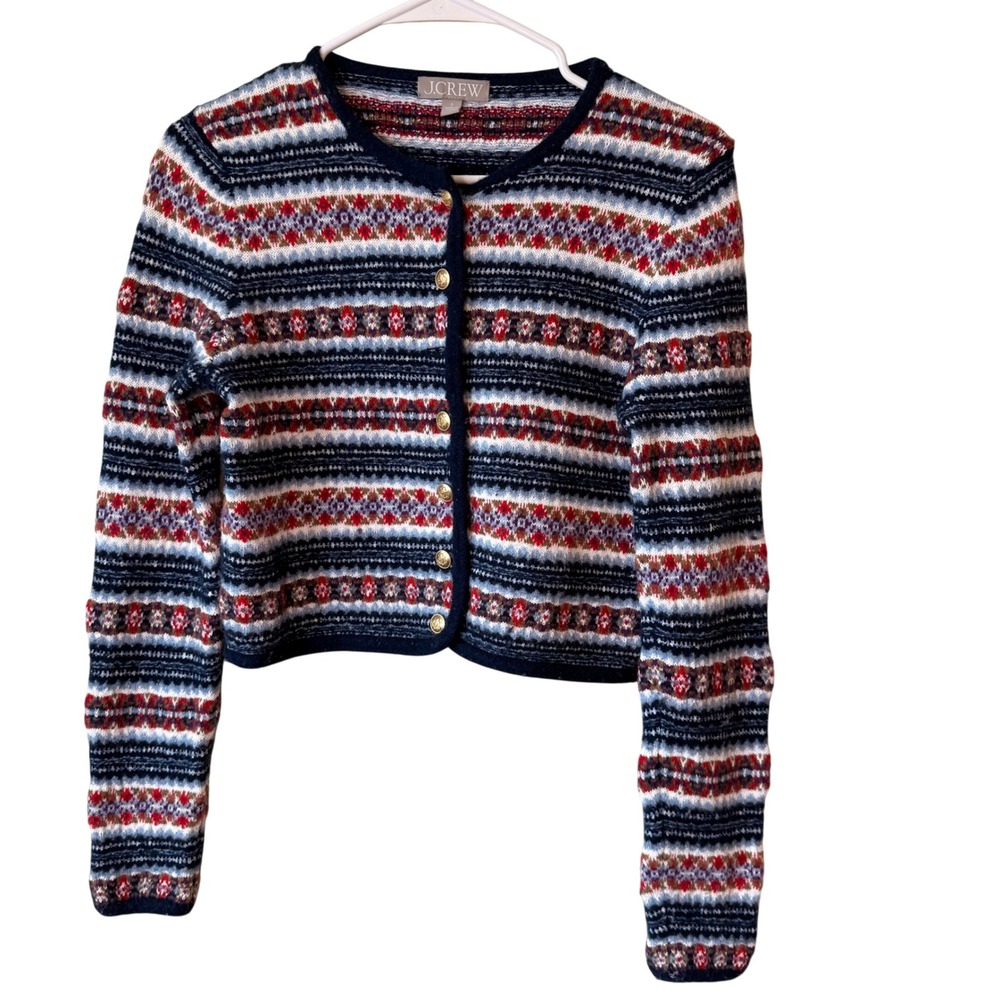 J.Crew Women Wool Blend Cardigan Small Navy Multi Fair Isle Crest Button Crop